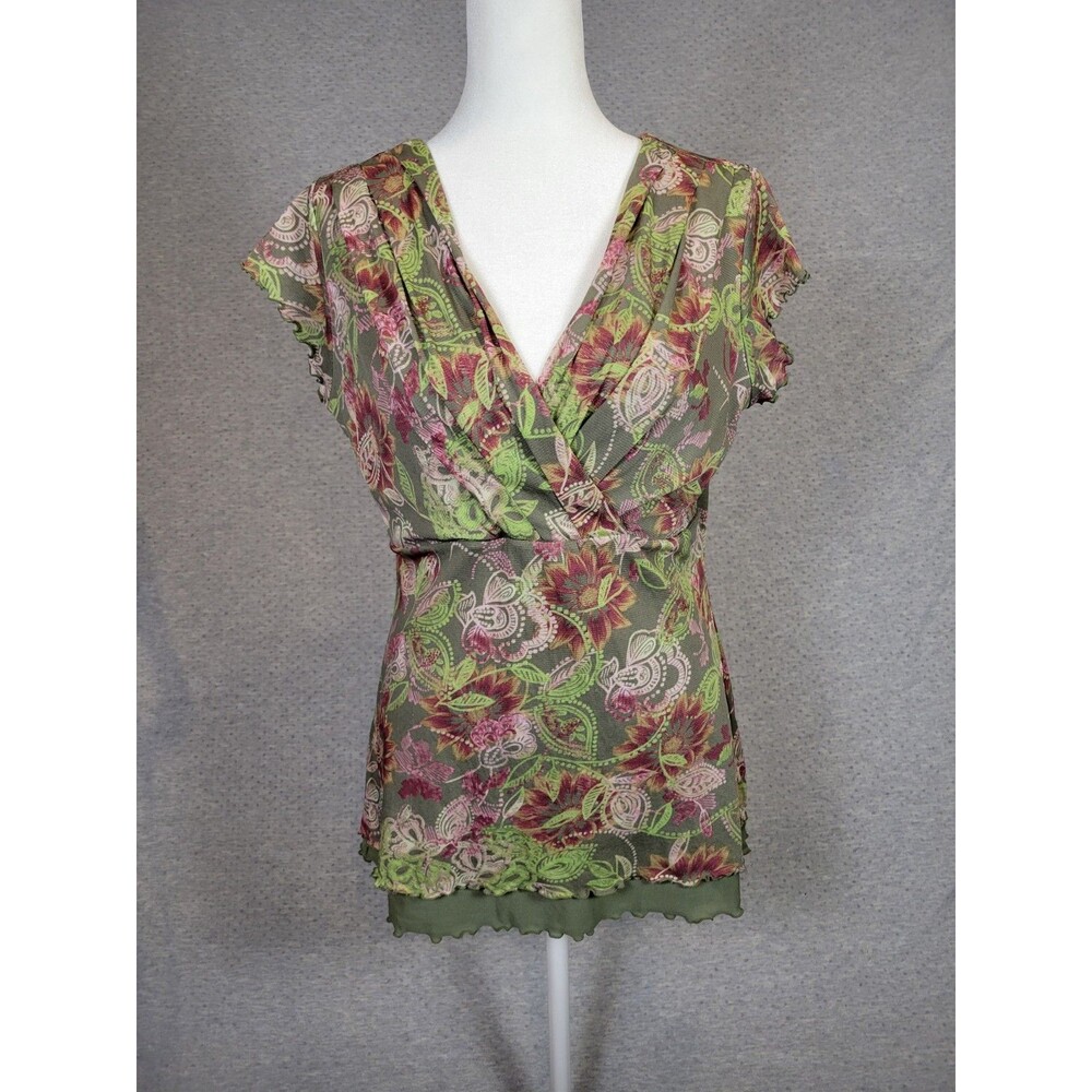 VTG Y2K Babydoll Blouse Top Womens Medium Forest Fairy Floral V-neck Chiffon